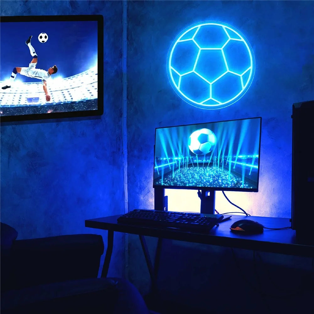LED Soccer Ball Neon Sign Wall Decor USB Powered Sports Atmosphere Light, 32x32cm - 6