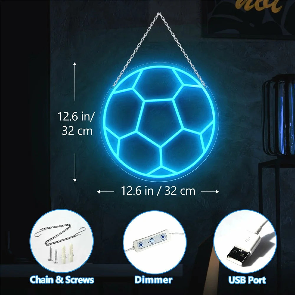 LED Soccer Ball Neon Sign Wall Decor USB Powered Sports Atmosphere Light, 32x32cm - 7