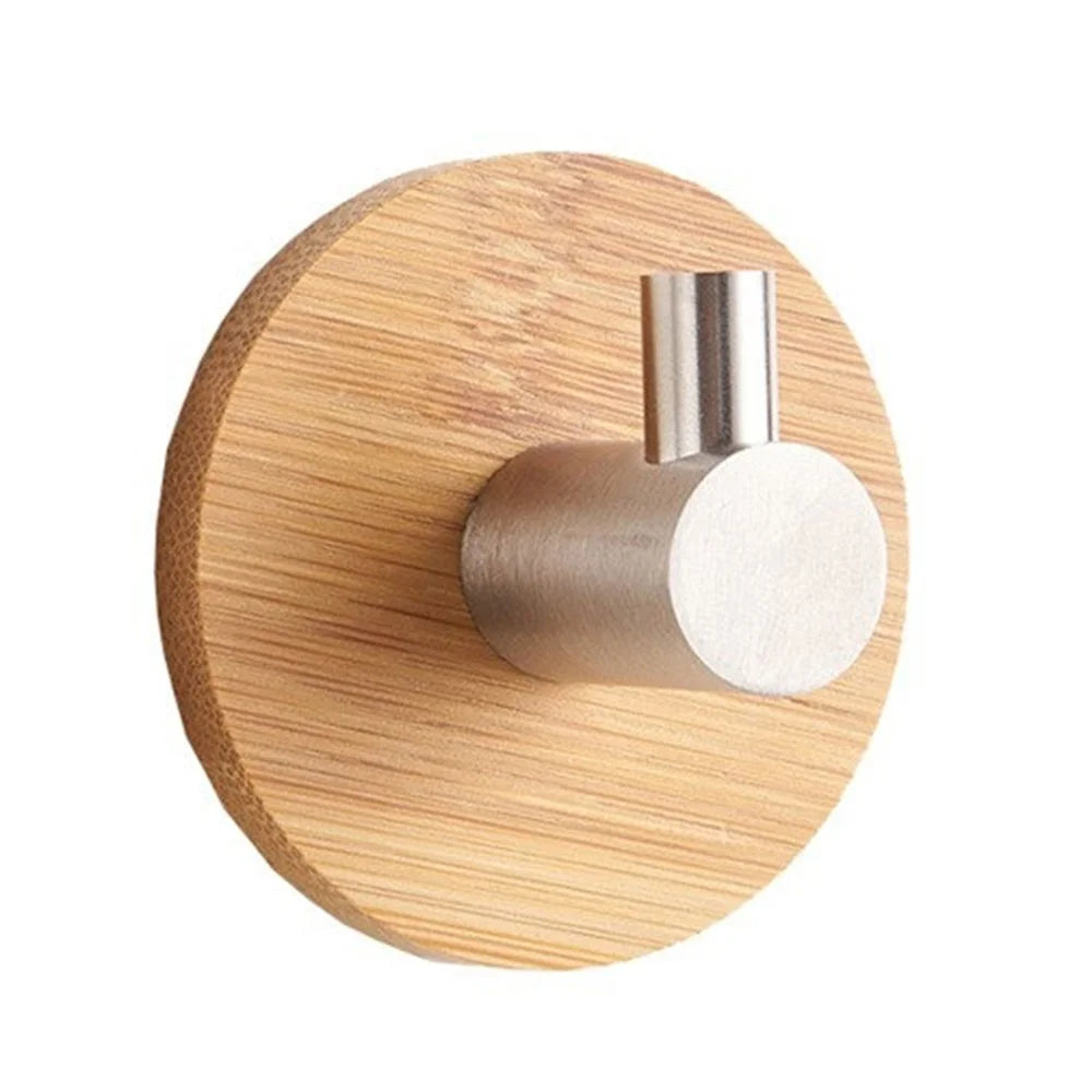 Adhesive Hook 304 Stainless Steel + Bamboo Robe Coat Rack Towel Bag Key Holder Hanger - 1