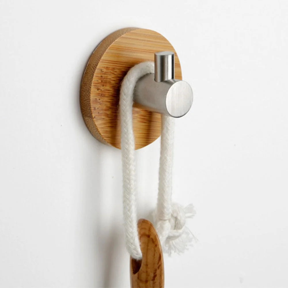 Adhesive Hook 304 Stainless Steel + Bamboo Robe Coat Rack Towel Bag Key Holder Hanger - 4