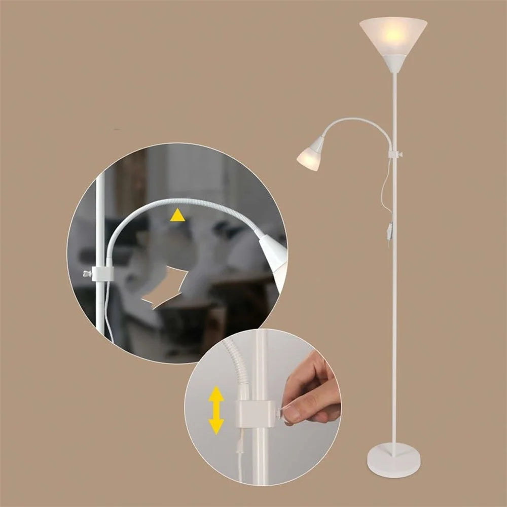 220V Dual Head Floor Lamp for Living Room Bedroom Bedside Sofa Classic Standing Light Adjustable Angle (EU Plug) - White - 5