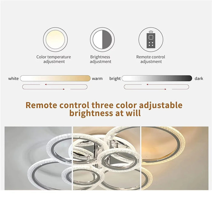 6 Rings Modern LED Ceiling Light for Living Room Dimmable Remote Control Chandelier Lamp - 6