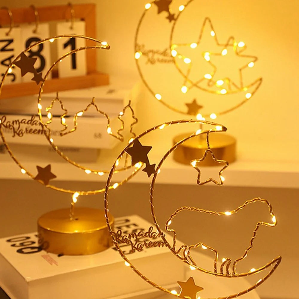 Creative Moon Shape Iron Art Table Lamp Battery Powered Copper Wire Night Light Bedroom Decor - Moon and Star - 2