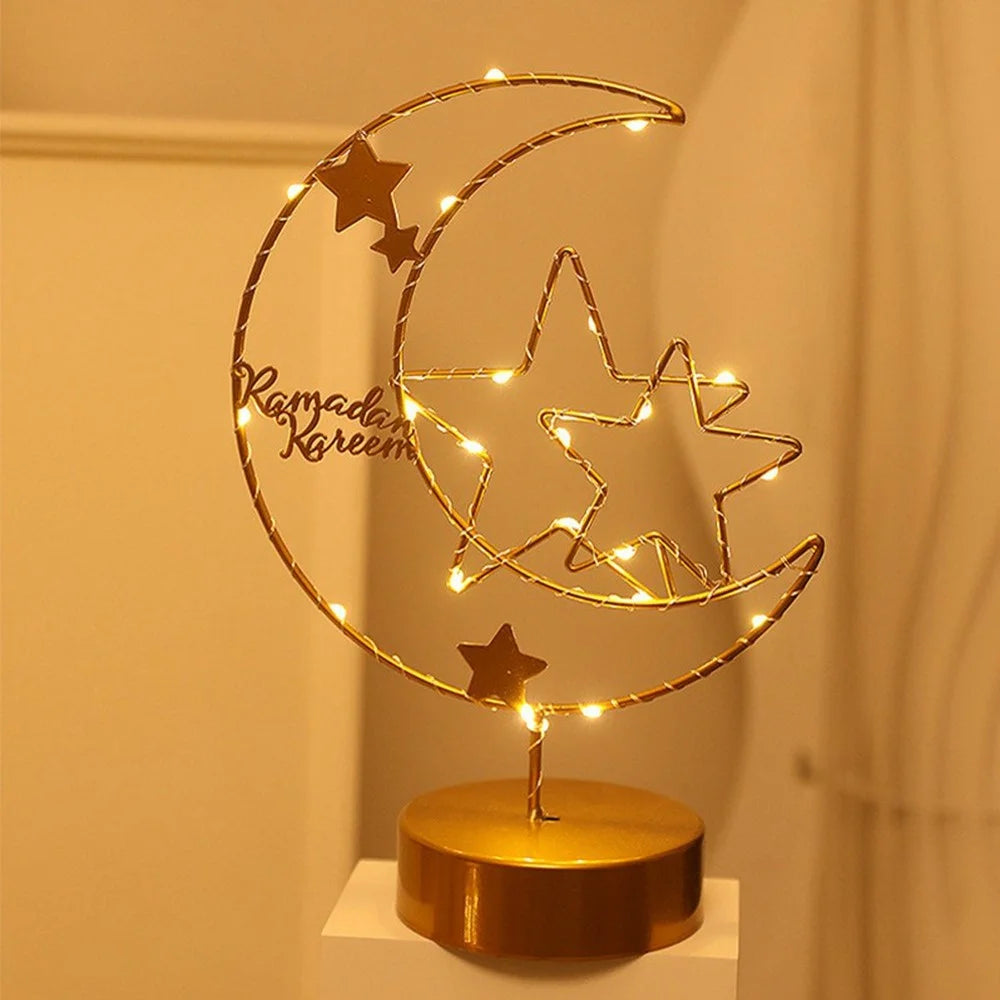 Creative Moon Shape Iron Art Table Lamp Battery Powered Copper Wire Night Light Bedroom Decor - Moon and Star - 3