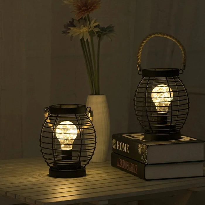 Retro Hollow Out Iron Art Round Handheld Lantern Portable LED Copper Wire Bulb Table Lamp - 5
