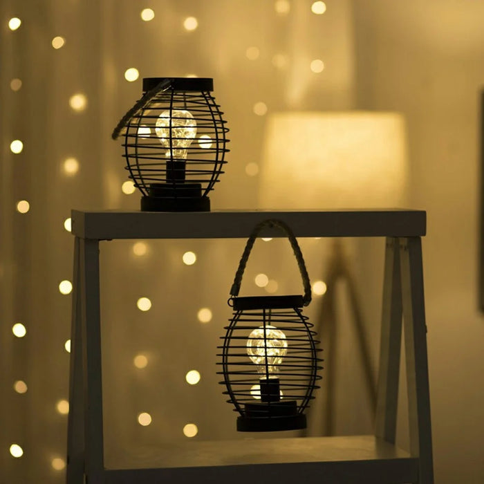 Retro Hollow Out Iron Art Round Handheld Lantern Portable LED Copper Wire Bulb Table Lamp - 6