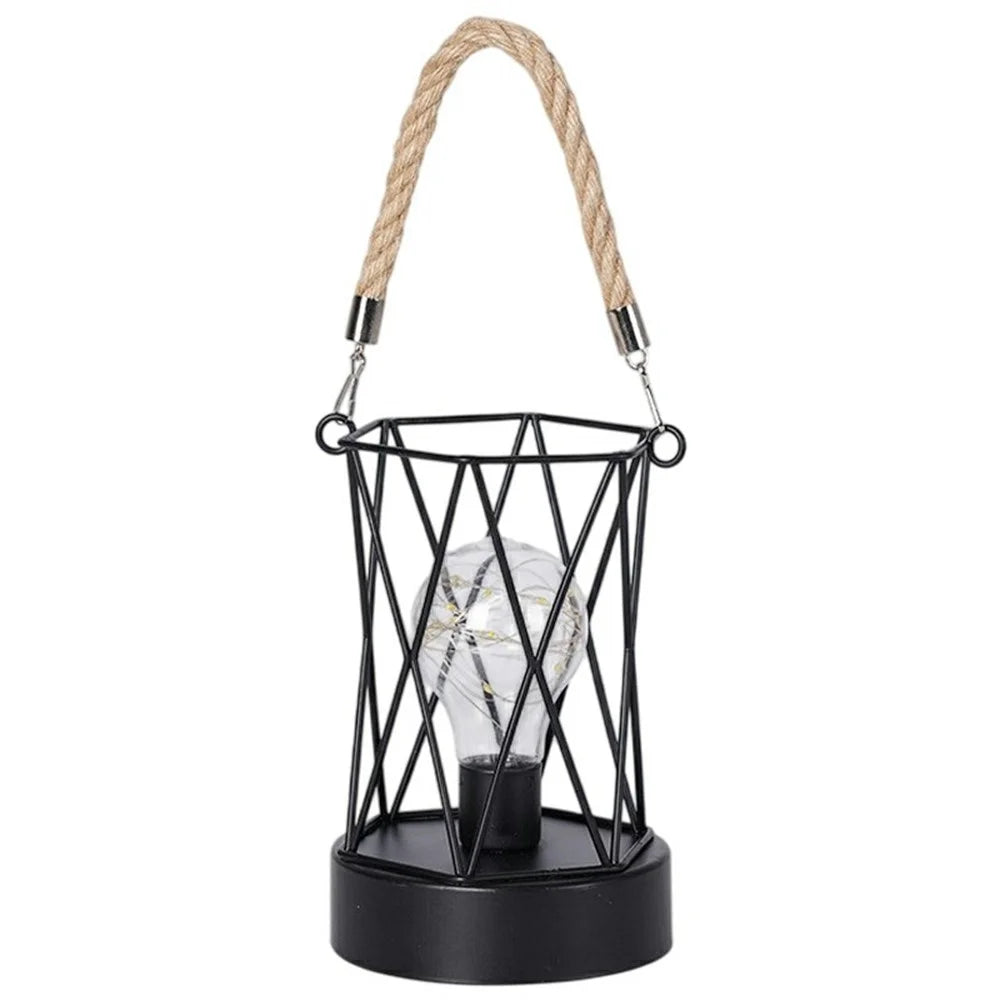 Retro Hollow Out Iron Art Hexagonal Handheld Lantern Portable LED Copper Wire Bulb Table Lamp - 1