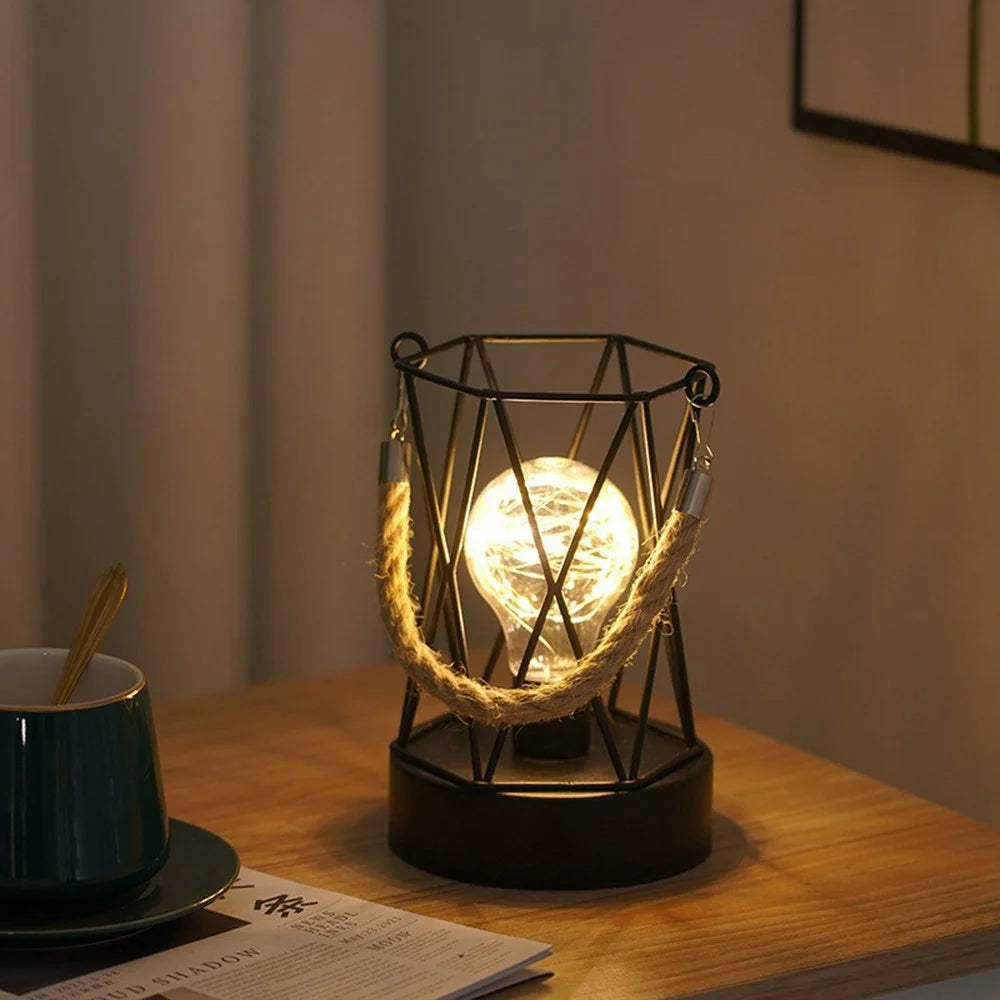 Retro Hollow Out Iron Art Hexagonal Handheld Lantern Portable LED Copper Wire Bulb Table Lamp - 3