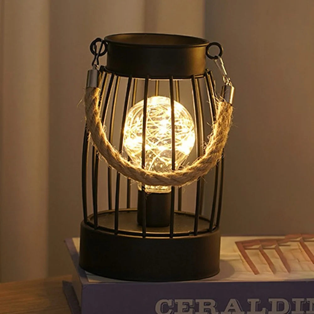 Retro Hollow Out Vertical Striped Iron Art Handheld Lantern Portable LED Copper Wire Bulb Table Lamp - 3
