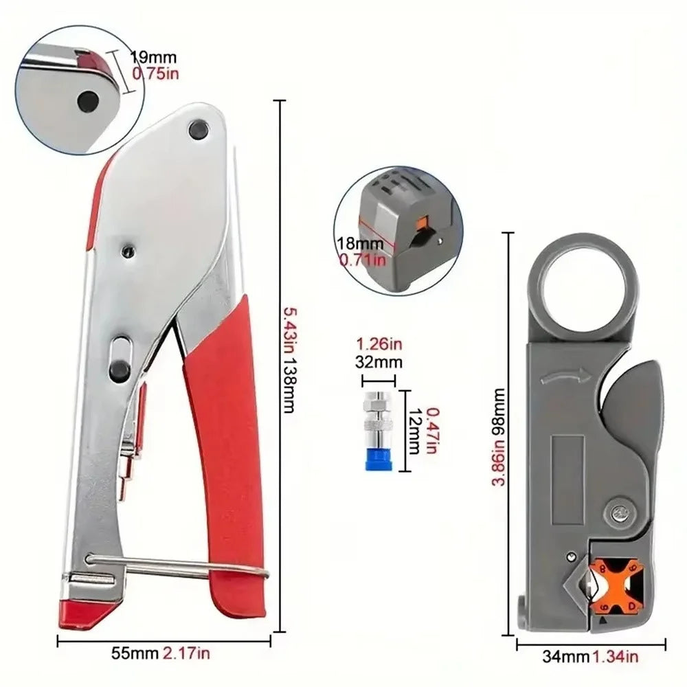 RG59 / 6 Coaxial Cable Crimping Tool 7PCS Set F Connector Compression Pliers Network Cable Wire Stripper - 7