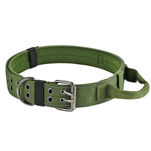 Size M Tactical Reflective Dog Collar Nylon Adjustable Outdoor Walking Training Collar Gift with Grip Handle - Army Green - 1