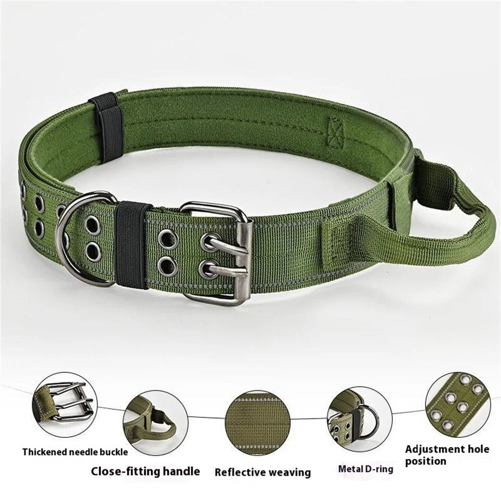 Size M Tactical Reflective Dog Collar Nylon Adjustable Outdoor Walking Training Collar Gift with Grip Handle - Army Green - 7