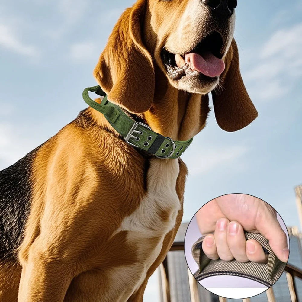 Size XL Tactical Reflective Dog Collar Nylon Adjustable Outdoor Walking Training Collar Gift with Grip Handle - Army Green - 3