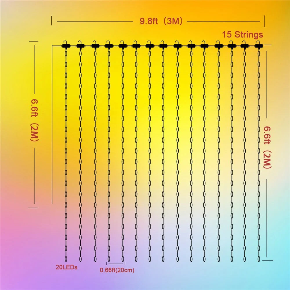 LED Curtain String Lights Smart RGB Color Changing 300 LEDs 3m x 2m 15 Strings WiFi BLE App Remote Control - 6