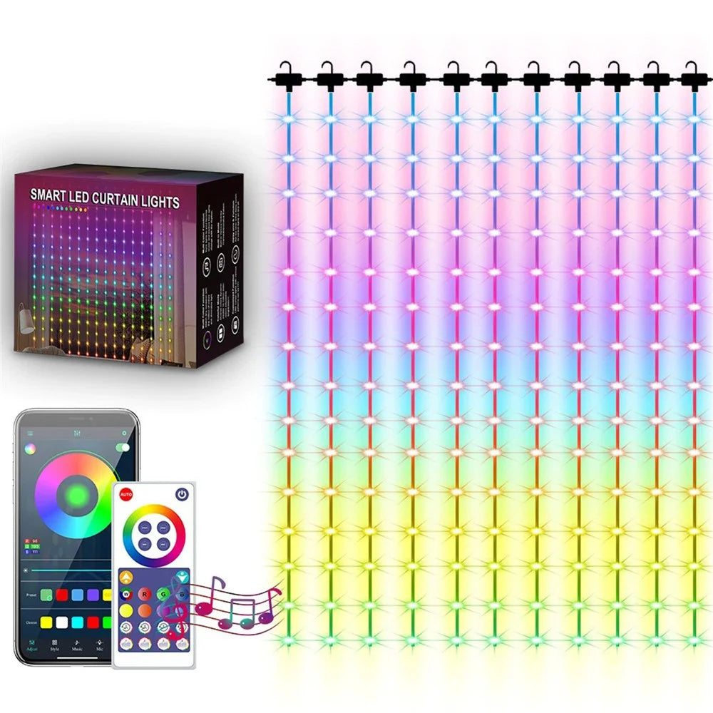 LED Curtain String Lights 3m x 3m 15 Strings 450 LEDs RGBIC Multi-Color Adjustable WiFi BLE App Control - 1