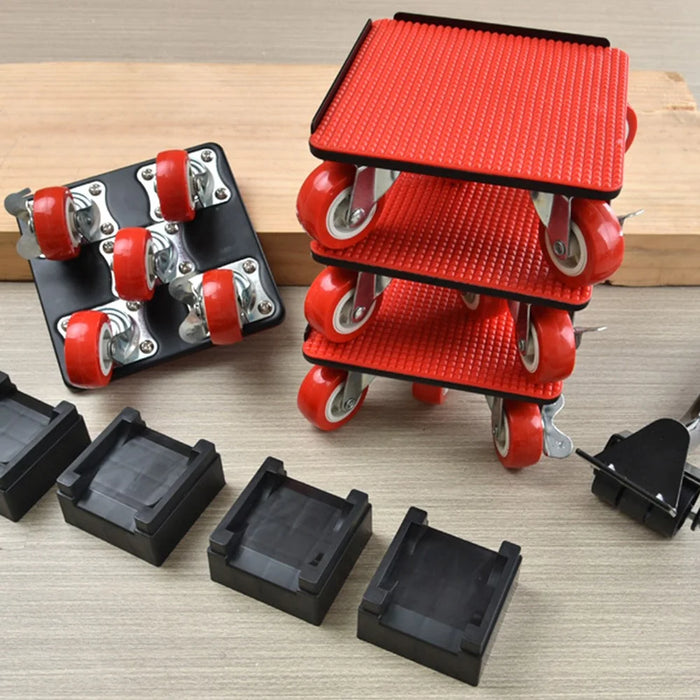 4Pcs Size S Furniture Mover Heavy Duty Metal Base 360 Degree Rotating Wheels for Bed Sofa Universal Moving Tool - Red+Black - 6