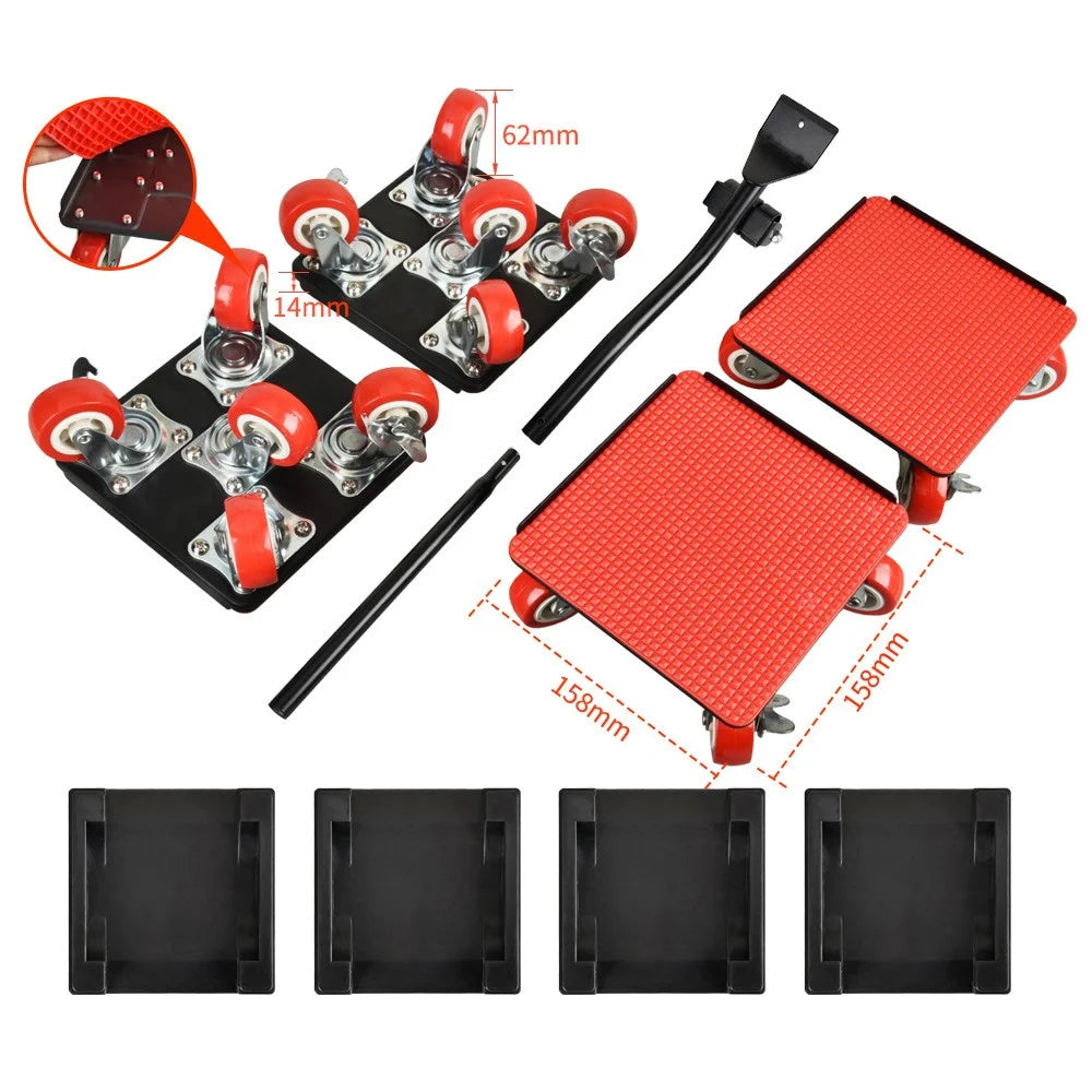 4Pcs Size L Furniture Mover Heavy Duty Metal Base 360 Degree Rotating Wheels for Bed Sofa Universal Moving Tool - Red+Black - 1