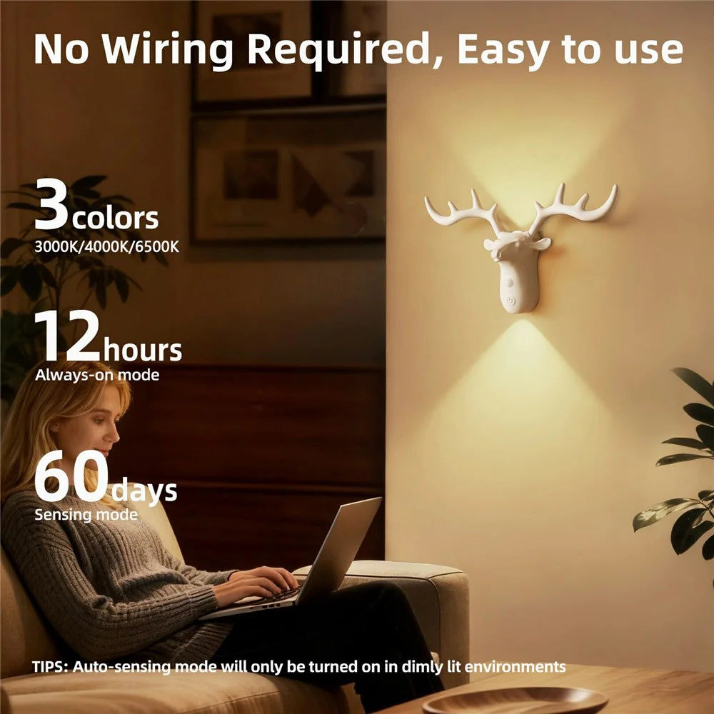 DSW001 Standard Version Deer Shape Touch LED Night Light Motion Sensor 3 Colors Dimming Magnetic Wall Lamp - White - 3