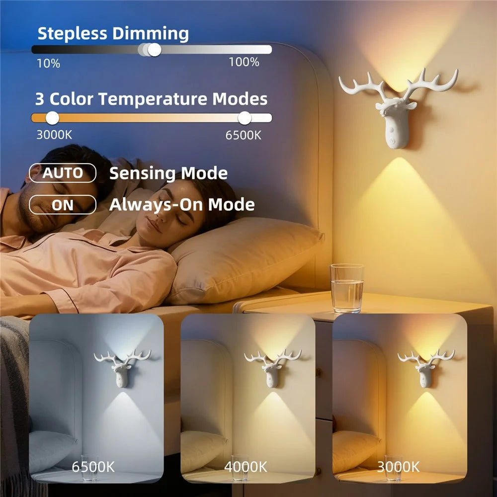 DSW001 Standard Version Deer Shape Touch LED Night Light Motion Sensor 3 Colors Dimming Magnetic Wall Lamp - White - 5