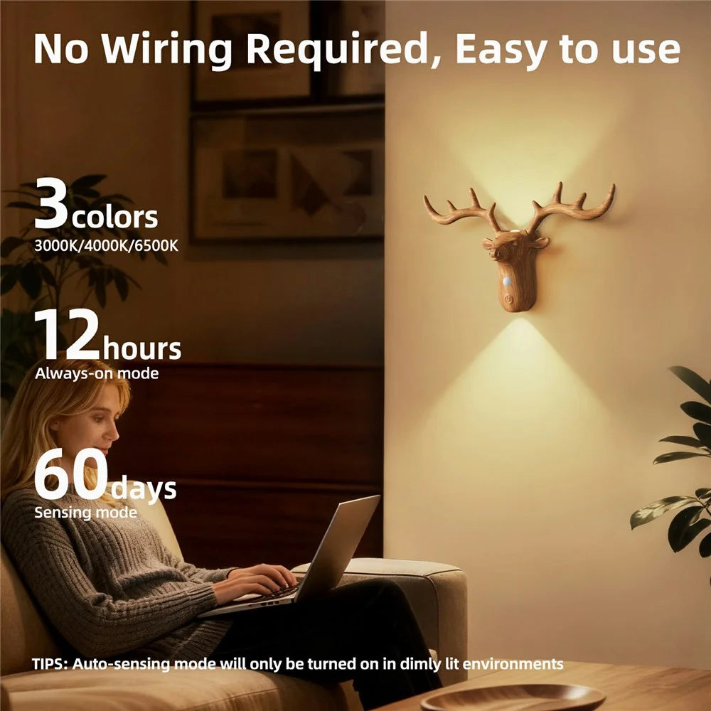 DSW001 Water Transfer Wood Grain Deer Shape Touch LED Night Light Motion Sensor 3 Colors Dimming Magnetic Wall Lamp - Wood Color - 3