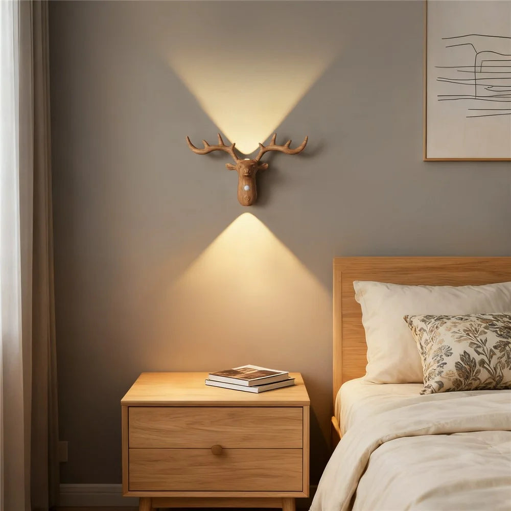 DSW001 Water Transfer Wood Grain Deer Shape Touch LED Night Light Motion Sensor 3 Colors Dimming Magnetic Wall Lamp - Wood Color - 7