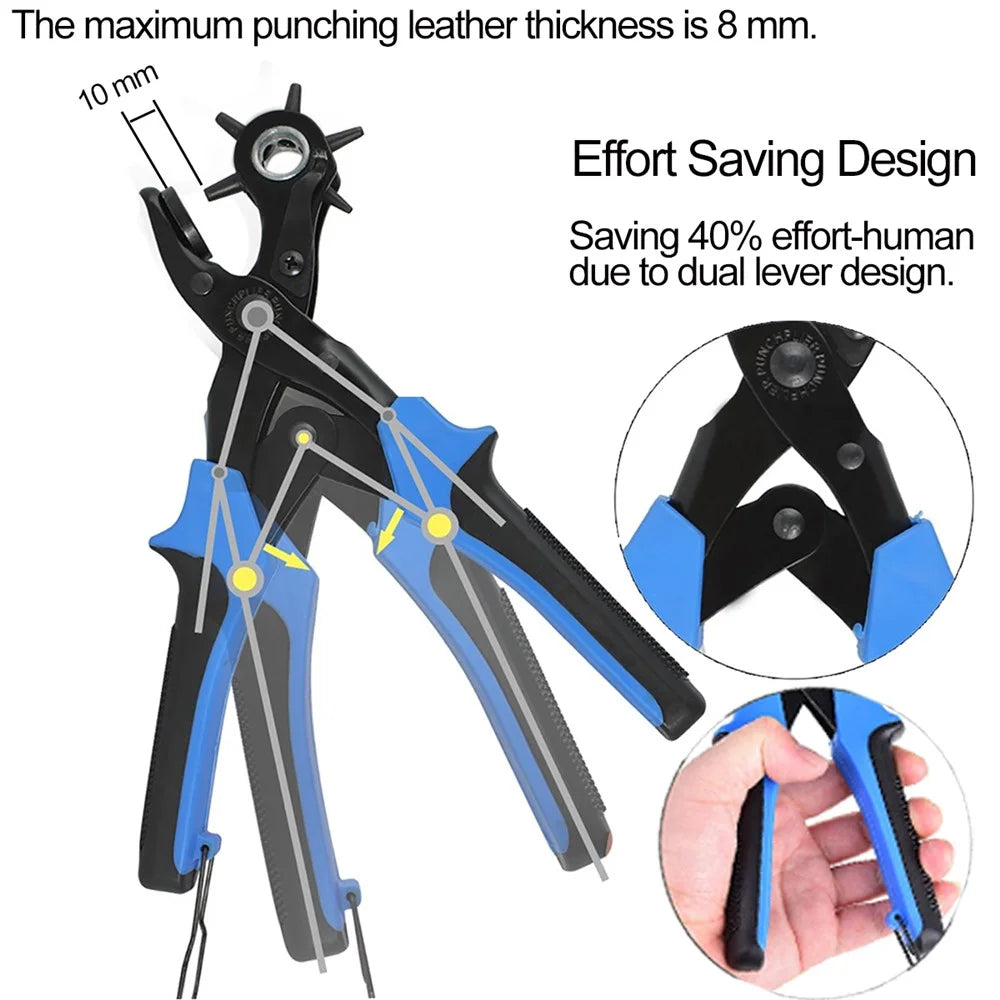 THD Leather Hole Punch Tool Leather Belt Punch Pliers Screwdriver Ruler Grind Rod Leathercraft Tools Set - Blue - 4