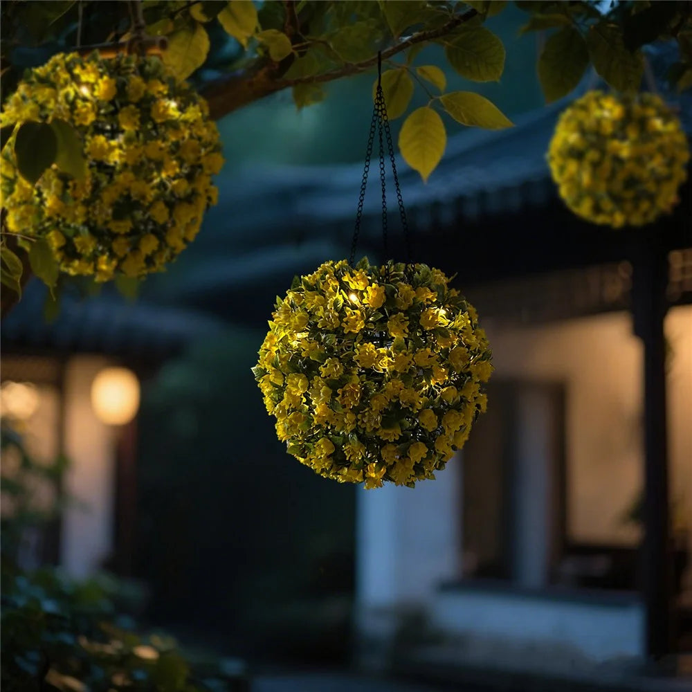 Solar Powered LED String Lights Artificial Flower Ball Decorative Outdoor Garden Lantern Light Hanging Lamp - Yellow - 2