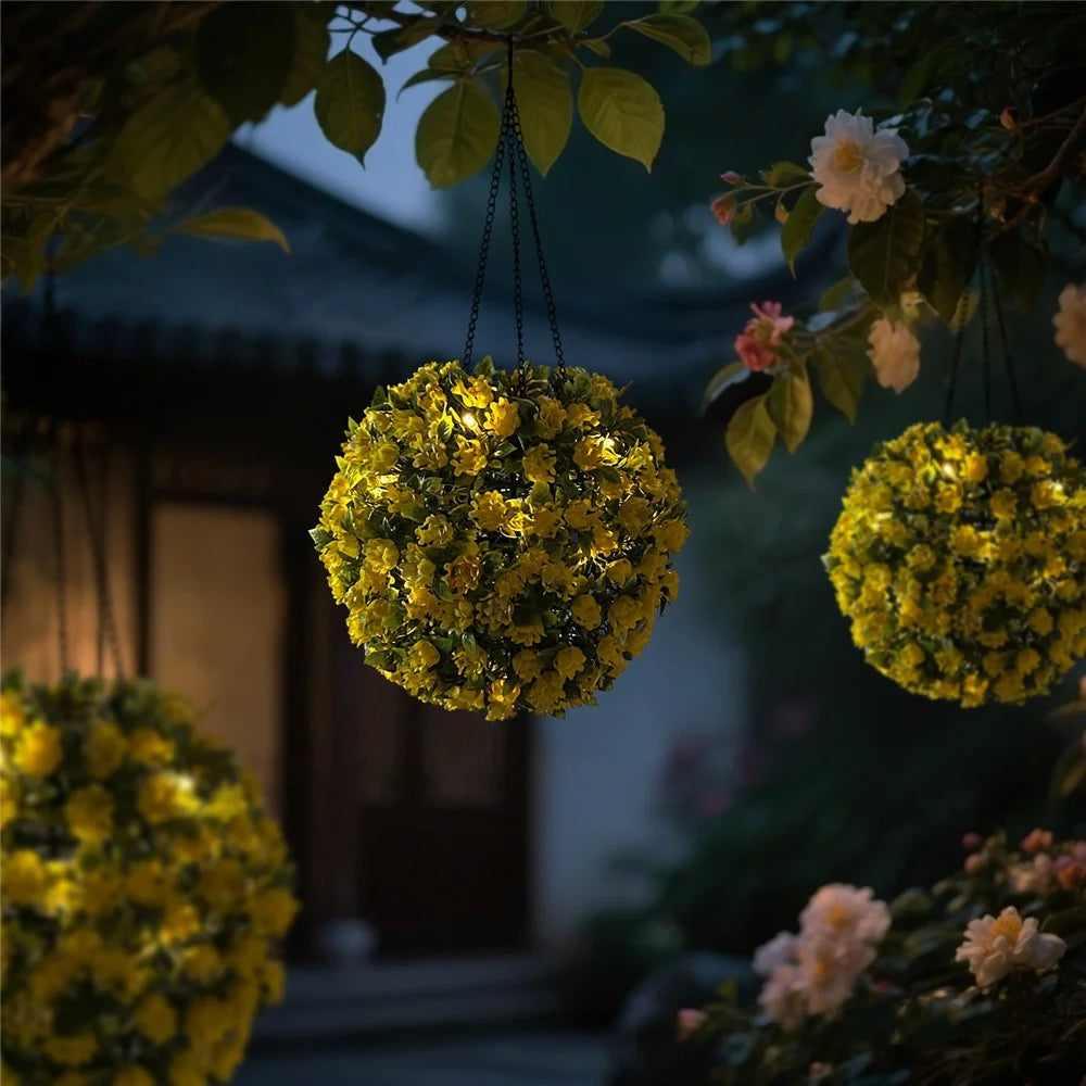 Solar Powered LED String Lights Artificial Flower Ball Decorative Outdoor Garden Lantern Light Hanging Lamp - Yellow - 3