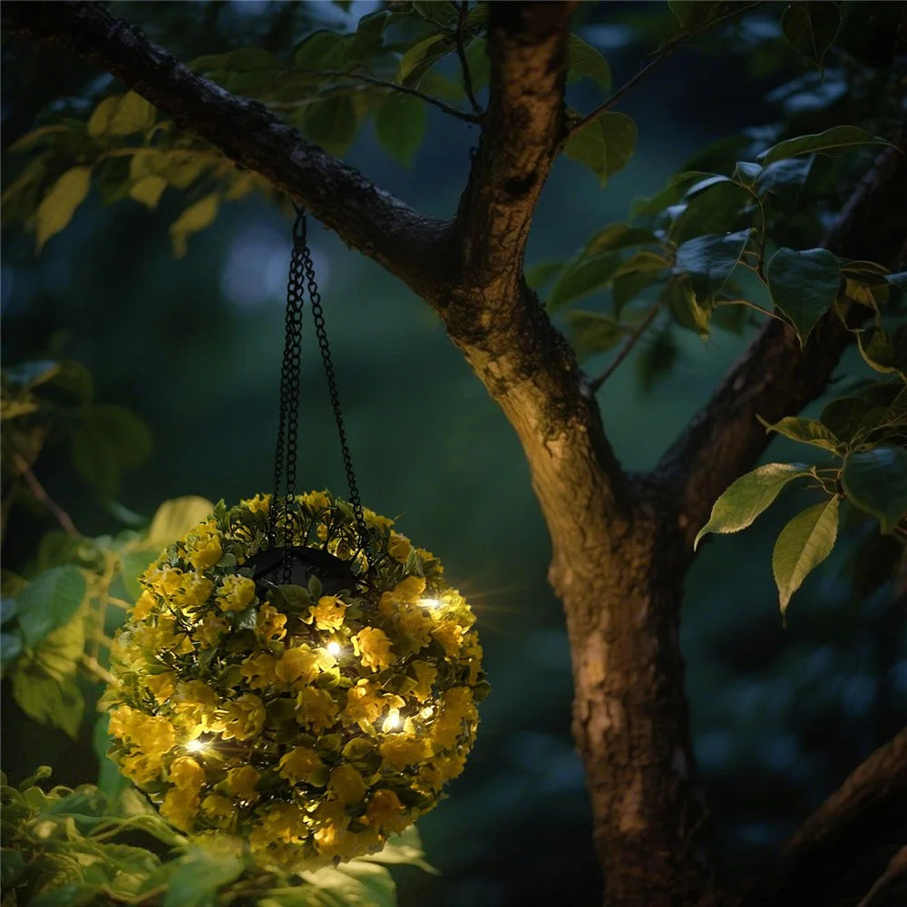 Solar Powered LED String Lights Artificial Flower Ball Decorative Outdoor Garden Lantern Light Hanging Lamp - Yellow - 4