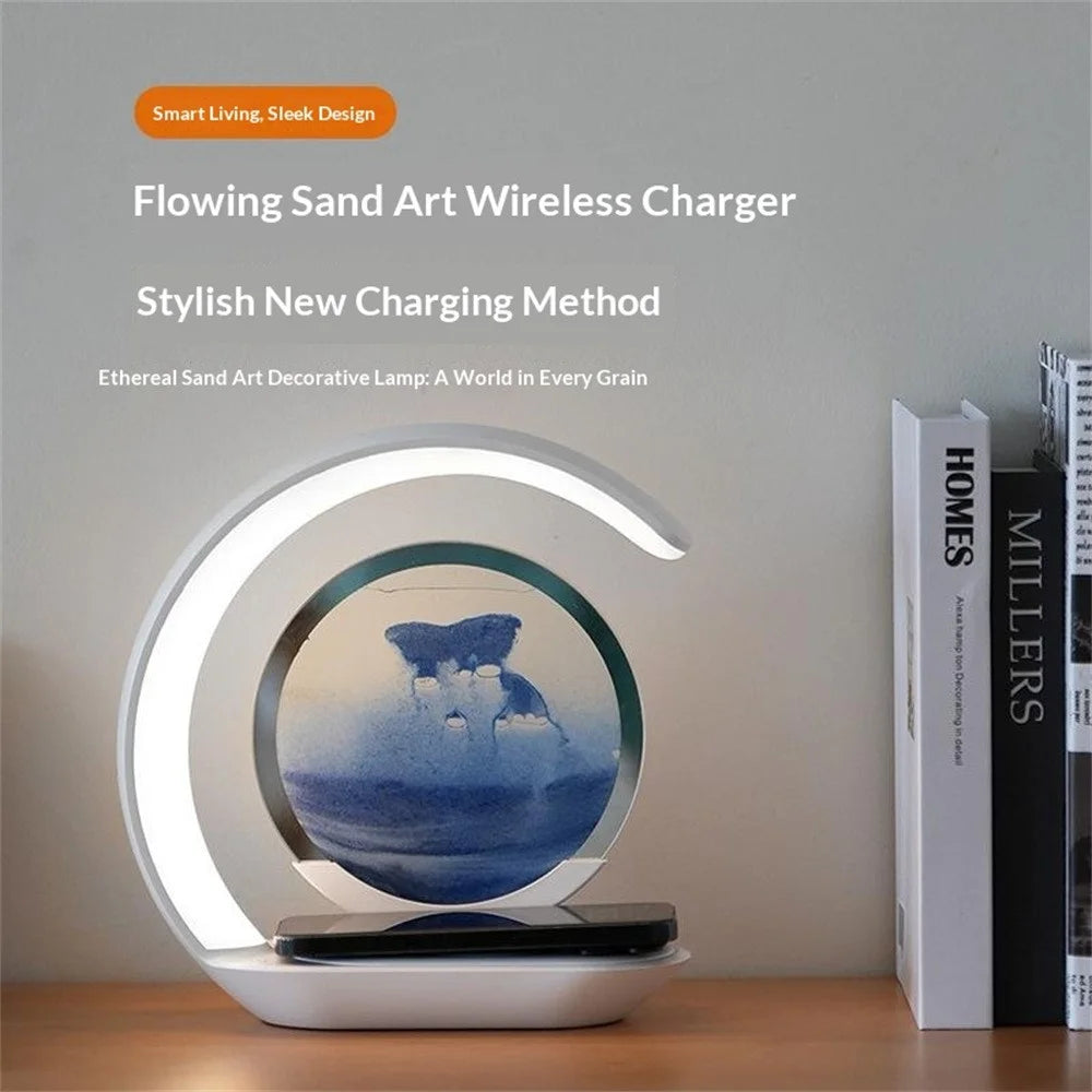 Flowing Sand Art Wireless Charger Lamp LED Night Light Hourglass Decoration for Bedside / Desktop - Yellow - 3