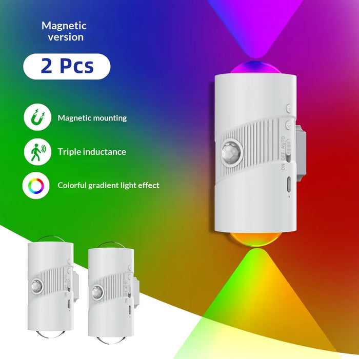 YSJ-008A 2Pcs RGB Night Light Smart Motion Sensor 4-level Brightness Magnetic Wall Light for Hallway - White - 2