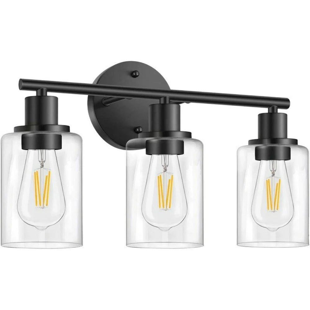 3-Head Wall Sconce Vanity Light with 3Pcs Light Bulbs Clear Glass E26  / E27 Socket Metal Wall Lamp for Bathroom Mirror - Black  /  EU Plug - 1