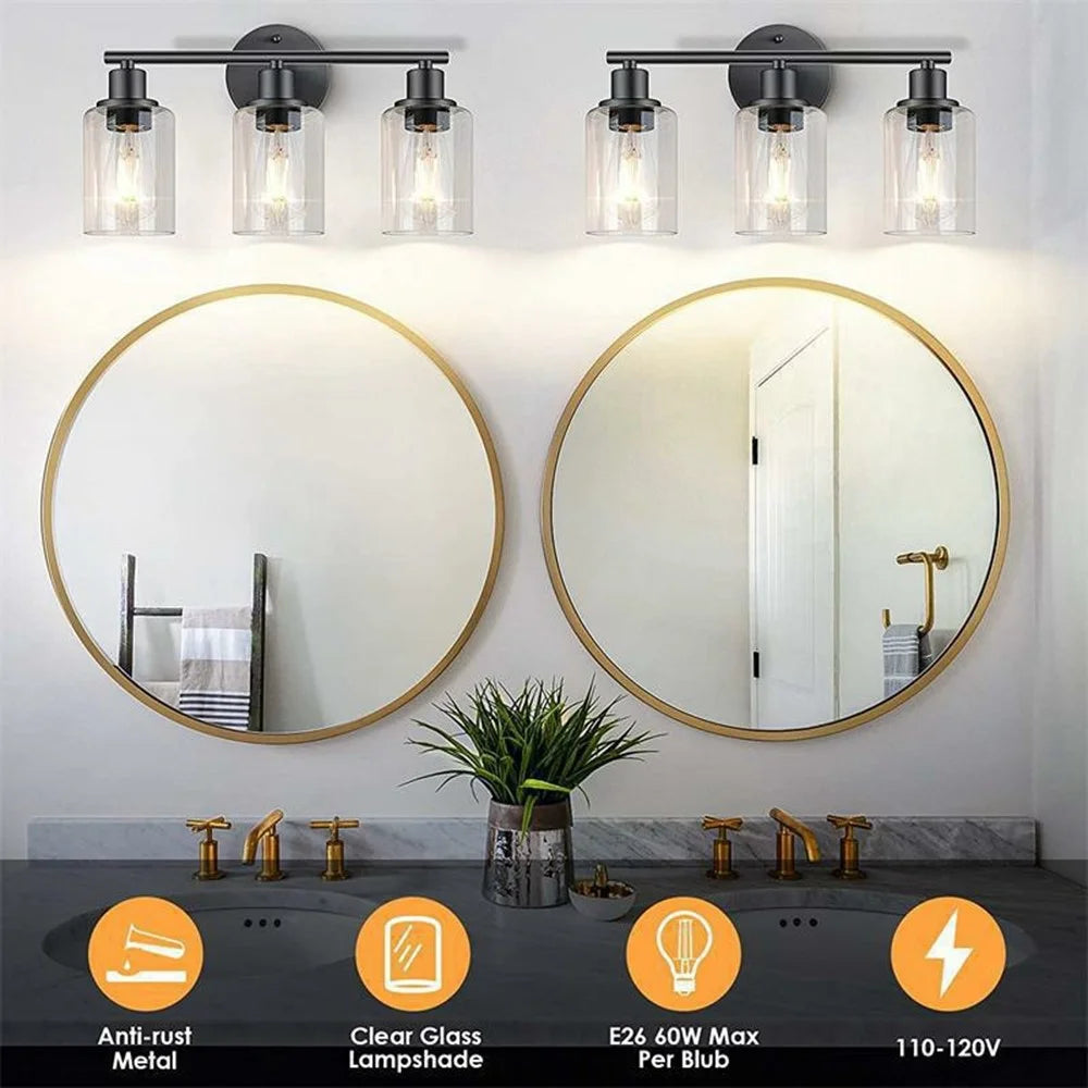 3-Head Wall Sconce Vanity Light with 3Pcs Light Bulbs Clear Glass E26  / E27 Socket Metal Wall Lamp for Bathroom Mirror - Black  /  EU Plug - 2