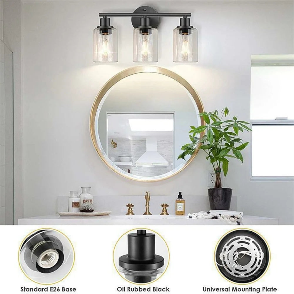 3-Head Wall Sconce Vanity Light with 3Pcs Light Bulbs Clear Glass E26  / E27 Socket Metal Wall Lamp for Bathroom Mirror - Black  /  EU Plug - 3