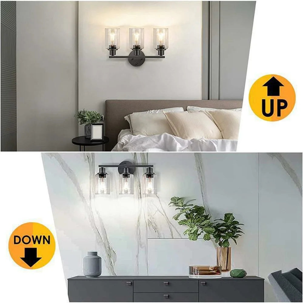 3-Head Wall Sconce Vanity Light with 3Pcs Light Bulbs Clear Glass E26  / E27 Socket Metal Wall Lamp for Bathroom Mirror - Black  /  EU Plug - 5