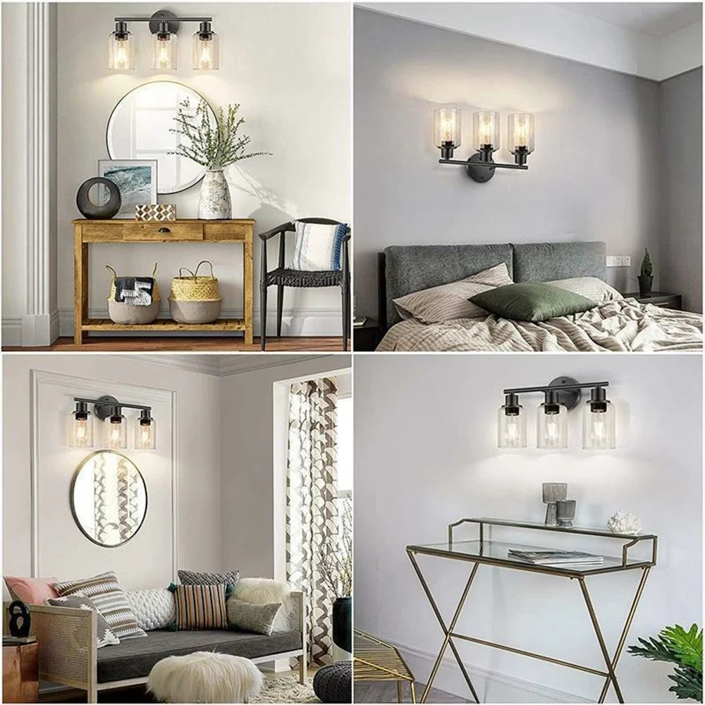 3-Head Wall Sconce Vanity Light with 3Pcs Light Bulbs Clear Glass E26  / E27 Socket Metal Wall Lamp for Bathroom Mirror - Black  /  EU Plug - 6