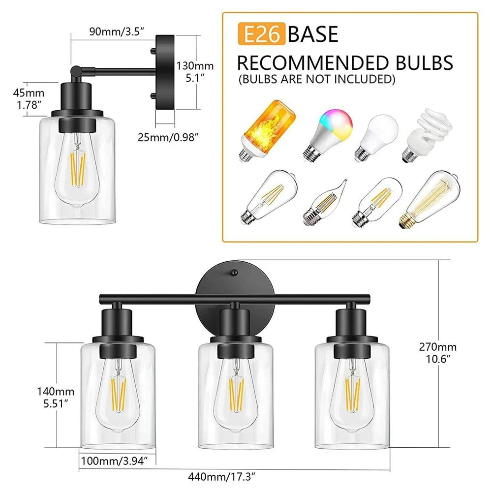 3-Head Wall Sconce Vanity Light with 3Pcs Light Bulbs Clear Glass E26  / E27 Socket Metal Wall Lamp for Bathroom Mirror - Black  /  EU Plug - 7