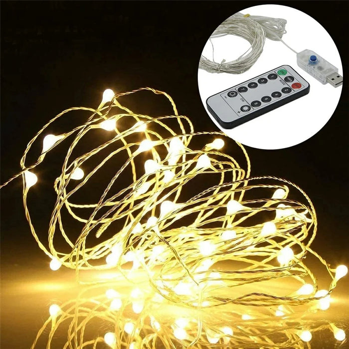 10m 100-LED USB Powered Copper Wire String Lights Remote Control 8 Modes Timer Fairy Lamp for Christmas Party Home Decoration - Warm White - 1