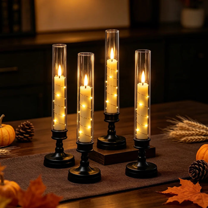 4Pcs Simulation Candle Copper Wire LED Lamp with Remote Control Battery Powered Halloween Table Decor - Black Base - 4