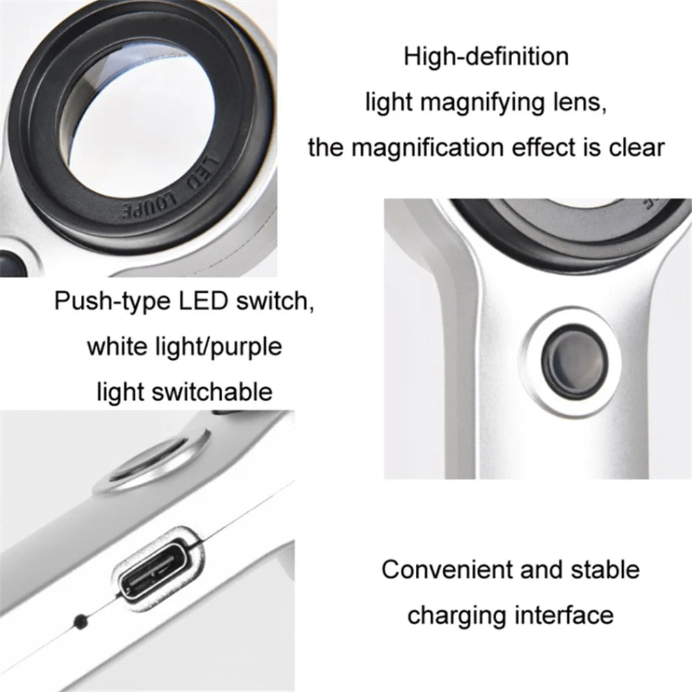 30X Hand-held ABS+Glass Lens Magnifier Rechargeable Jewelry Identification Magnifying Glass - 4