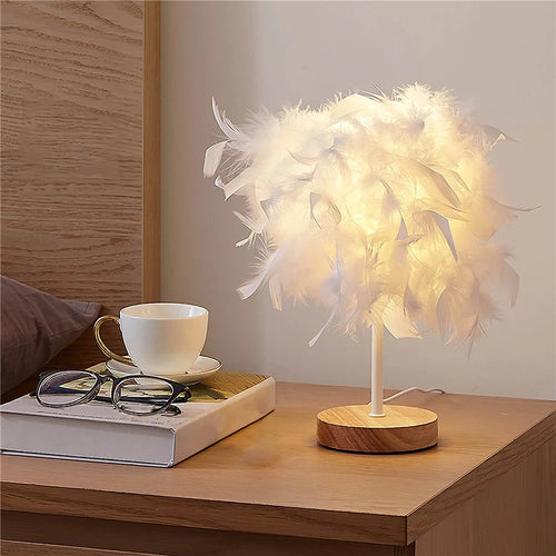TA-019 Feather Lampshade Table Lamp Bedside LED Light Bedroom Desk Night Light Home Decoration for Sleeping, Reading - White - 1