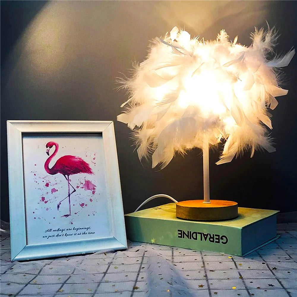 TA-019 Feather Lampshade Table Lamp Bedside LED Light Bedroom Desk Night Light Home Decoration for Sleeping, Reading - White - 2