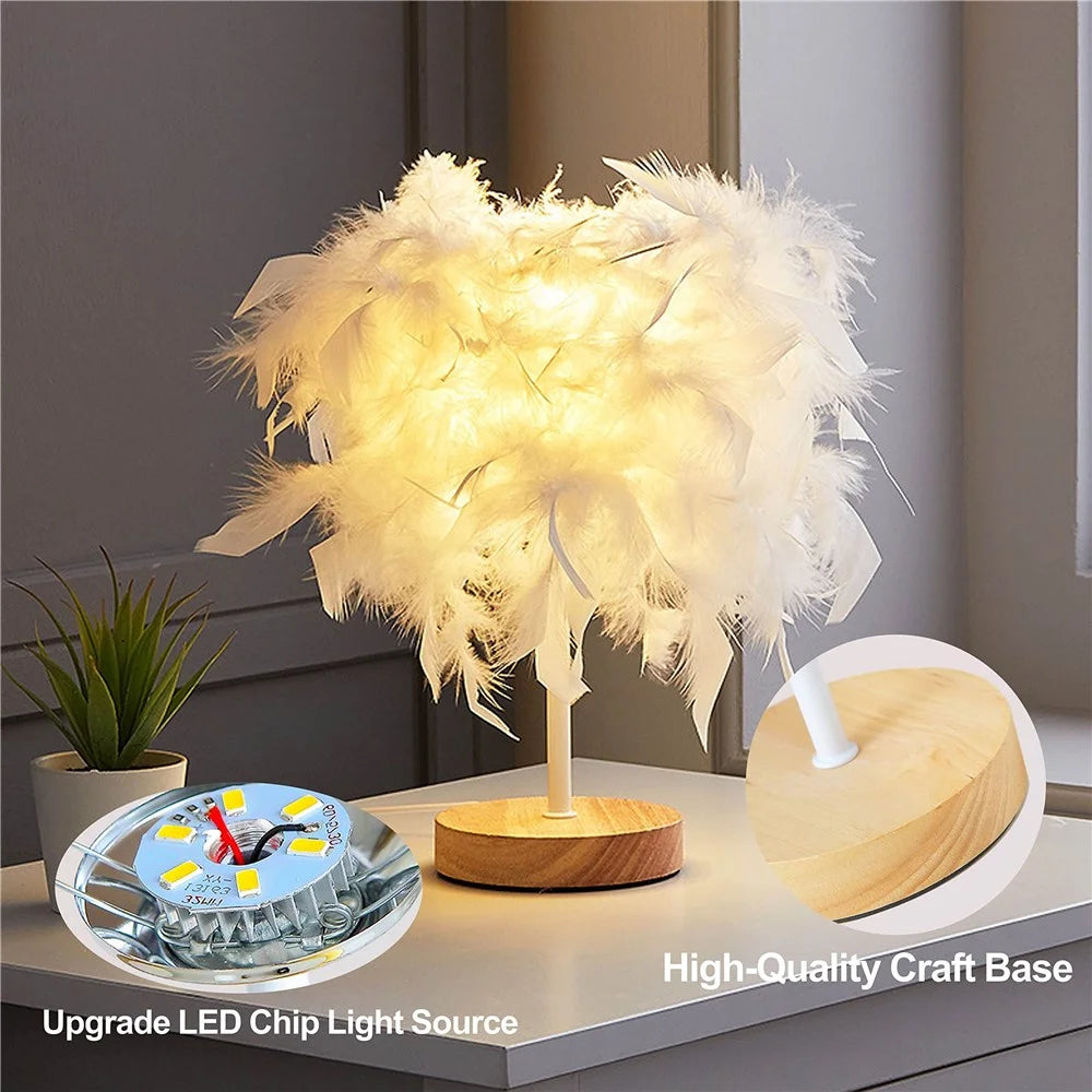 TA-019 Feather Lampshade Table Lamp Bedside LED Light Bedroom Desk Night Light Home Decoration for Sleeping, Reading - White - 3
