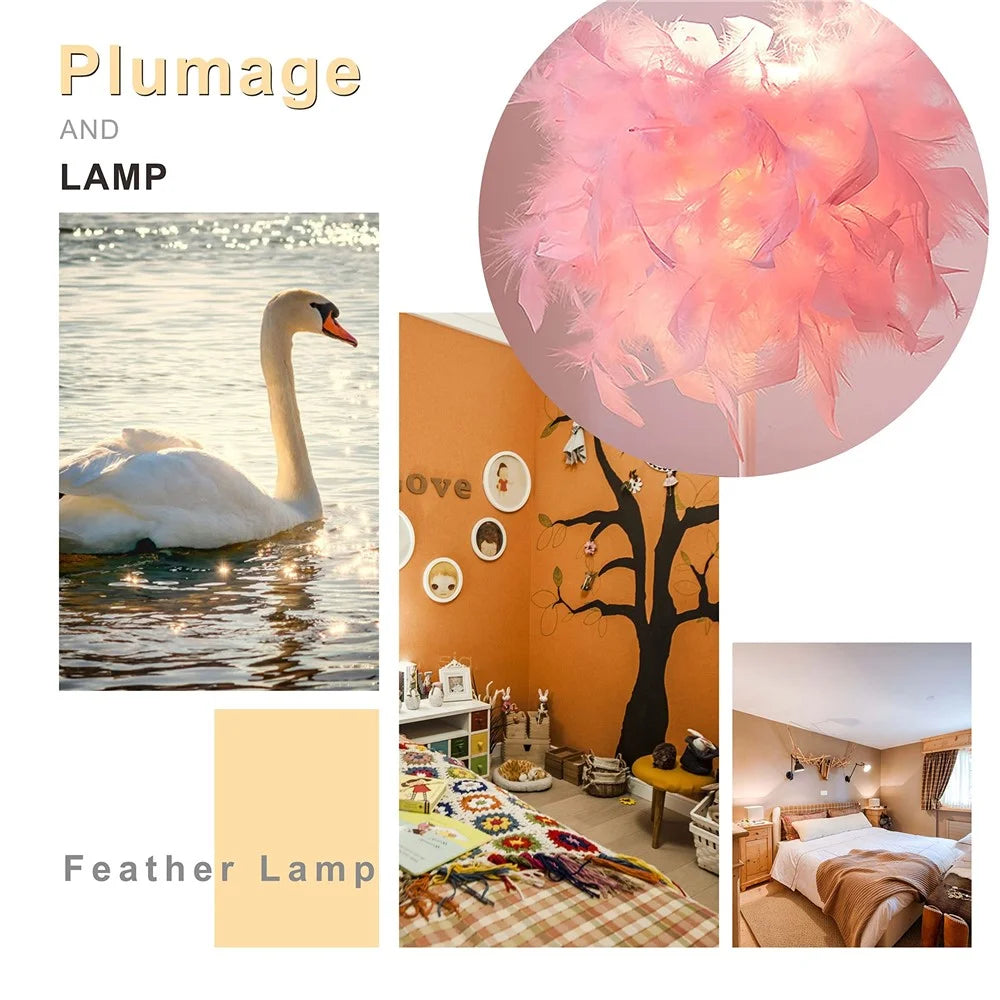 TA-019 Feather Lampshade Table Lamp Bedside LED Light Bedroom Desk Night Light Home Decoration for Sleeping, Reading - White - 5