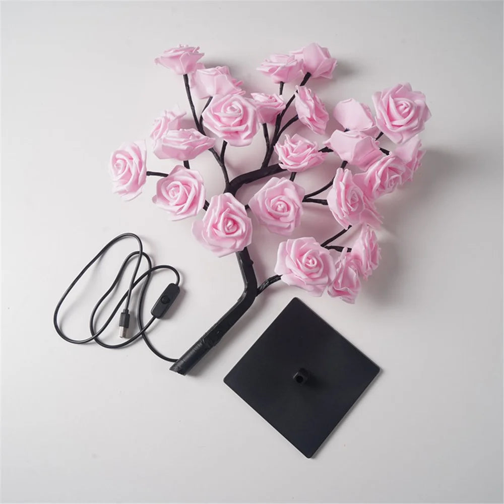 Artificial Rose Flower LED Night Light USB Powered PP+Resin Decorative Lamp Gift with Detachable Base - Pink Rose - 2