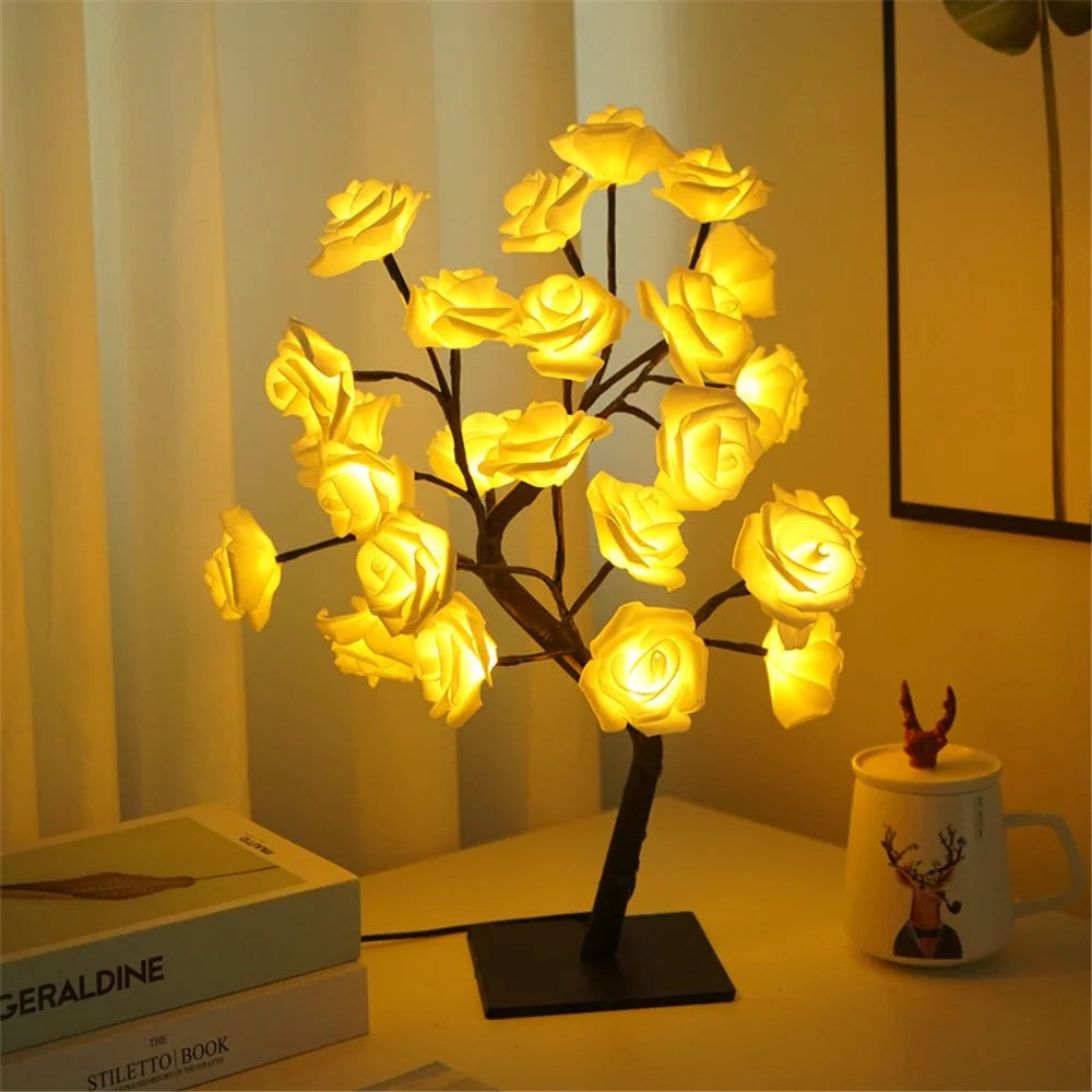 Artificial Rose Flower LED Night Light USB Powered PP+Resin Decorative Lamp Gift with Detachable Base - Pink Rose - 5
