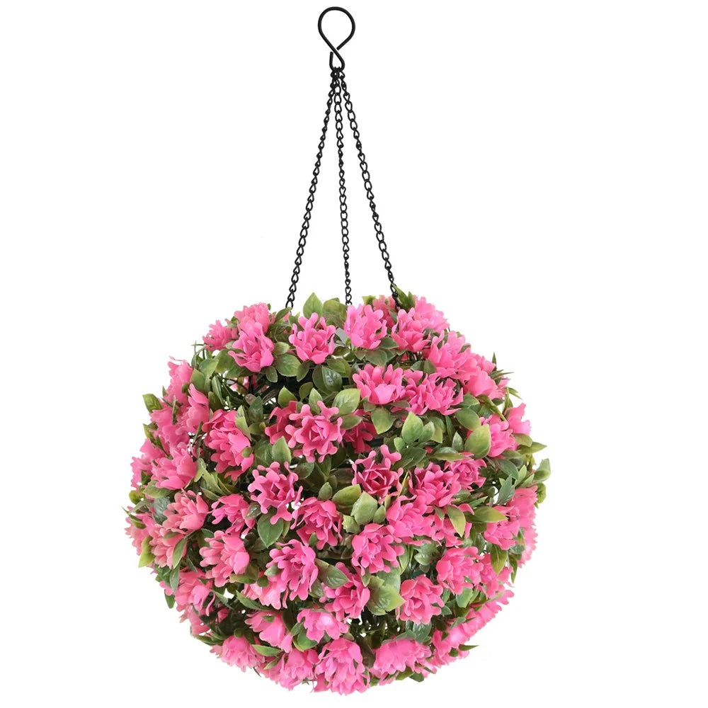 Artificial Flower Grass Ball Chandelier Outdoor Garden Hanging Solar Lamp Topiary Ball Light, Size L - 1