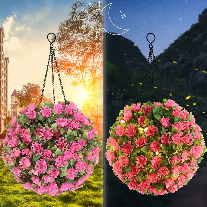 Artificial Flower Grass Ball Chandelier Outdoor Garden Hanging Solar Lamp Topiary Ball Light, Size L - 4