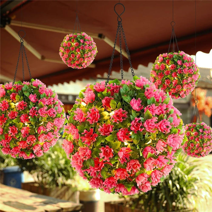 Artificial Flower Grass Ball Chandelier Outdoor Garden Hanging Solar Lamp Topiary Ball Light, Size L - 5
