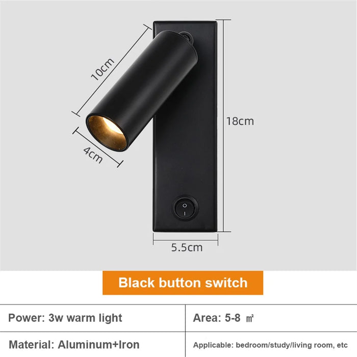 3103 Bedside Wall Lamp 350-Degree Rotatable Wall Sconce Reading Light with Switch, 3W Warm Light - Black - 6